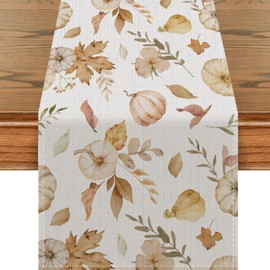 Maple Leaves Autumn Table Runner, Pumpkin Decorative Tablecloth, Table Decoration Autumn for Thanksgiving, Thanksgiving Party Decoration, Autumn Decoration (White, 40 x 180 cm)