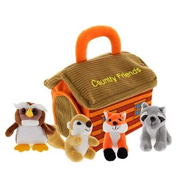 Plush Woodland Animals with Country House Carrier for Kids- 5pc- Talking Animal Interactive Toy Set- Stuffed Owl, Raccoon, Fox & Squirrel- Great Baby Shower Present for Boys & Girls by Etna