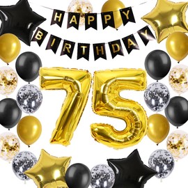75th Birthday Decorations Black Gold for Men Women, 75th Birthday Banners Number 75 Birthday Balloons Foil Confetti Balloons for Him Her Mum Dads 75 Years Old Birthday Party Favors Supplies
