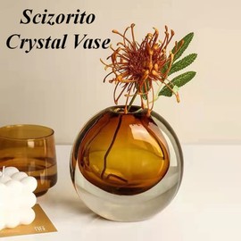 Scizorito Crystal Vase, Modern Decorative Vase, Minimalist Floral Vase, Light Luxury Style for Home Decor, Centerpiece, Office, Pampas Grass, Dried Flowers, Flowers and Buds (Amber)