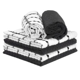 TALVANIA Kitchen Dish Towels, 100% Cotton Dobby Weave Terry Towel Set, 15" X 25", 6 Pack Soft and Absorbent Multipurpose Dish Cloth, Hand Towel and All Kitchen Cleaning, Washable (Black and White)