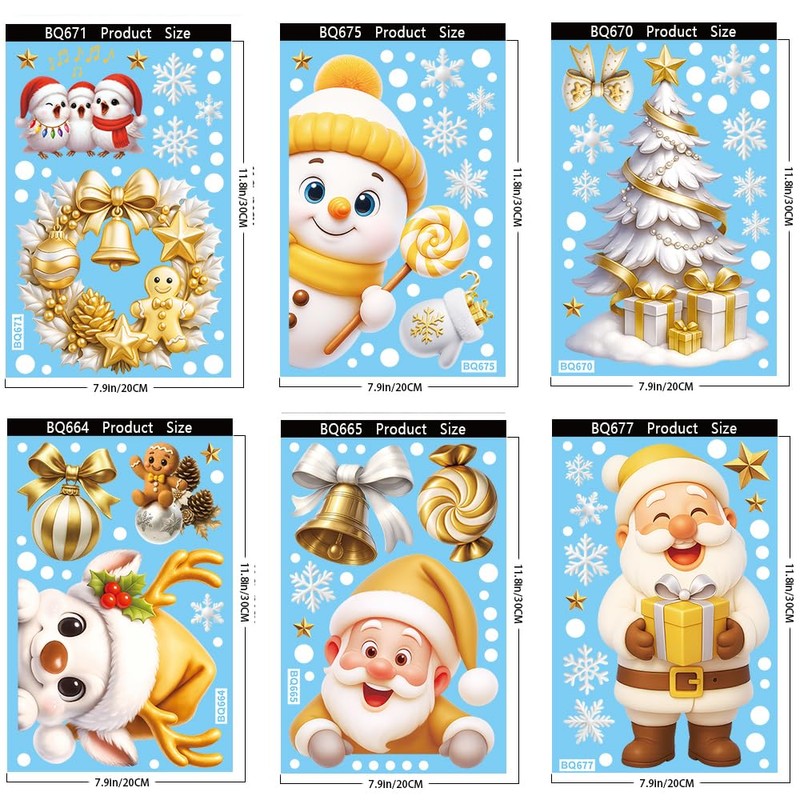 6Pcs Christmas Window Clings Gold Snowman Santa Claus Window Decorations