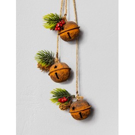 46cm Hanging Decorations Rustic Bells with Ribbon, Berries and Pinecones Christmas Home Wall Door Jingle Xmas Holiday DIY Decorations
