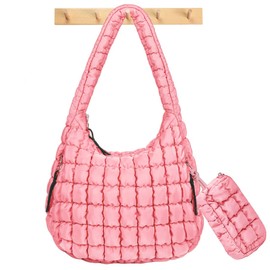 Puffer Tote Bag for Women Large Quilted Crossbody Bag Hobo Crossbody Lightweight Padding Puff Purse Tote Bag for Women (Pink)