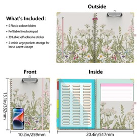 Clipboard Folio with Storage Clipboards Padfolio Notebook for Letter Size (11" x 8.5"), Clipboards with 10 Pockets and 5 Folders Nursing Teacher School Essentials (Garden Flowers)