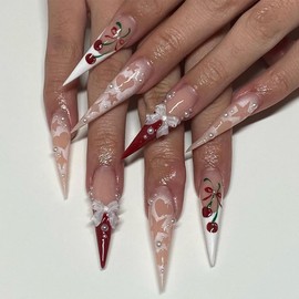 Long Press on Nails Stiletto Fake Nails Pink False Nails French Tip Acrylic Nails with 3D Bow Cherry Design Glue on Nails Heart Star Full Cover Stick on Nails for Women Manicure 24Pcs