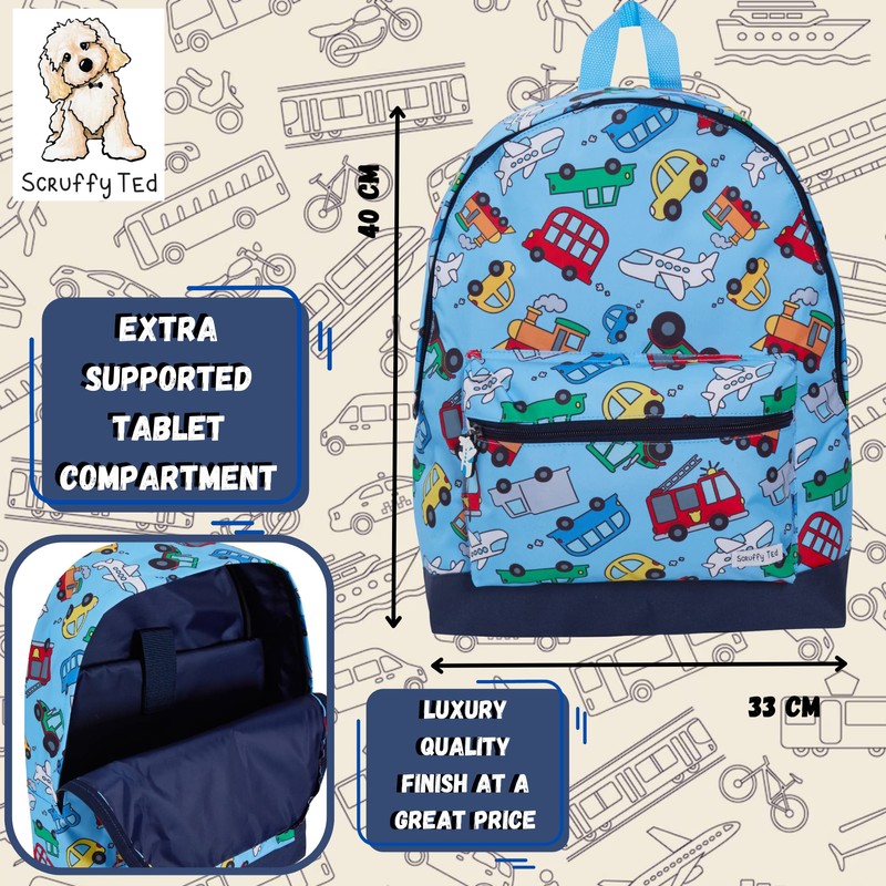 ScruffyTed Vehicles Boys Backpack For Kids Large Capacity Travel Rucksack