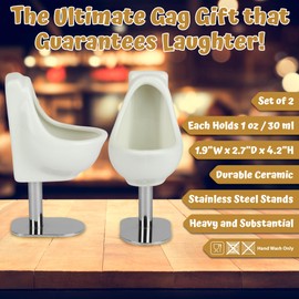 Funwares Pee-Perfect Urinal Funny Shot Glasses: Ceramic Shot Glasses on Stainless Steel Stands, Durable & Humorous, the Ideal White Elephant Gift for Shot Fun, Parties, Funny Gift for Adults, Set of 2