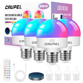 RGBCW Rechargeable Battery Operated Light Bulbs, E26 Detachable LED Bulb with Remote Control, 60W Equivalent, 500Lum, 3 Color Temperatures, 15 RGB, Emergency Light Bulbs for Home, Outdoor, 4 Pack