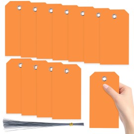 Swpeet 200Pcs Orange 6.29"x3.14" Waterproof Writable Eyelet Hole Plastic Tags with Wires Assortment Kit, Hanging Tags Attached Eyelet Blank Tag for Labeling Luggage Product Identification