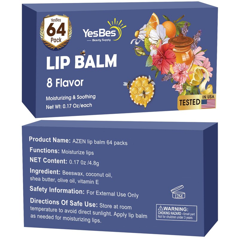 YesBes 64 Pack Lip Balm, Natural Lip Balm Bulk with