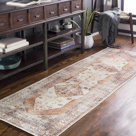 Hauteloom Arncliffe Boho Vintage Distressed Runner Rug - Farmhouse Traditional Medallion Faded Carpet for Hallway, Kitchen - Machine Washable Rug - Tan, Peach, Blush - 2'7" x 7'10"