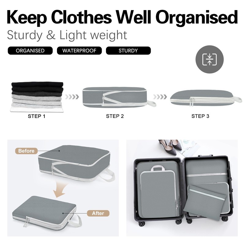 Compression Packing Cubes Set, Ultralight Expandable Travel Organizers for Carry
