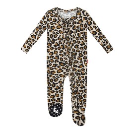 EASWEET Baby Girls Footed Pajamas Clothes, Bamboo Viscose Sleeper 2 Way Zipper Outfits Newborns Infants, Leopard Tan, 6-12 Months