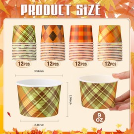 Romooa 48 Pcs 9oz Fall Paper Bowls Plaid Treat Snack Cups Autumn Ice Cream Dessert Bowls Thanksgiving Treat Snack Dessert Cups for Hot or Cold Food Thanksgiving Party Favor Supplies