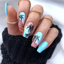 Medium Press on Nails Coffin Fake Nails with Black Coconut Tree Designs Glue on Nails Pink Gradient Blue Nails Press ons Medium Coffin False Nails Acrylic Artificial Stick on Nails for Women 24Pcs