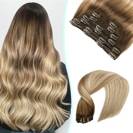 VINBAO Clip-In Real Hair Extensions Balayage Blonde #3/8/22 Dark Brown Ombre Medium Brown Balayage Blonde Clip-In Hair Extensions Double Wefts 18 Inches 6 Pieces 120 g (#3/8/22.45 cm)