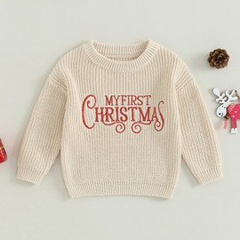 LYSINK Christmas Baby Boy Girl Knit Sweater Letter Embroidery Crew Neck Long Sleeve Pullover Knit Tops for Fall Winter (Ba Cream White, 0-3 Months)