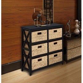 eHemco 3 Tier X-Side End Storage Cabinet with 6 Wicker Baskets, Black