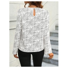 SweatyRocks Women's Dressy Casual Long Sleeve Printed Shirts Crew Neck Pleated Blouse Office Work Tops White Large