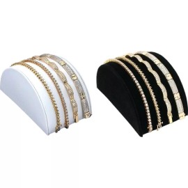FindingKing Black Velvet & White Leather Half Moon Bracelet Showcase Display Kit 2 Pcs