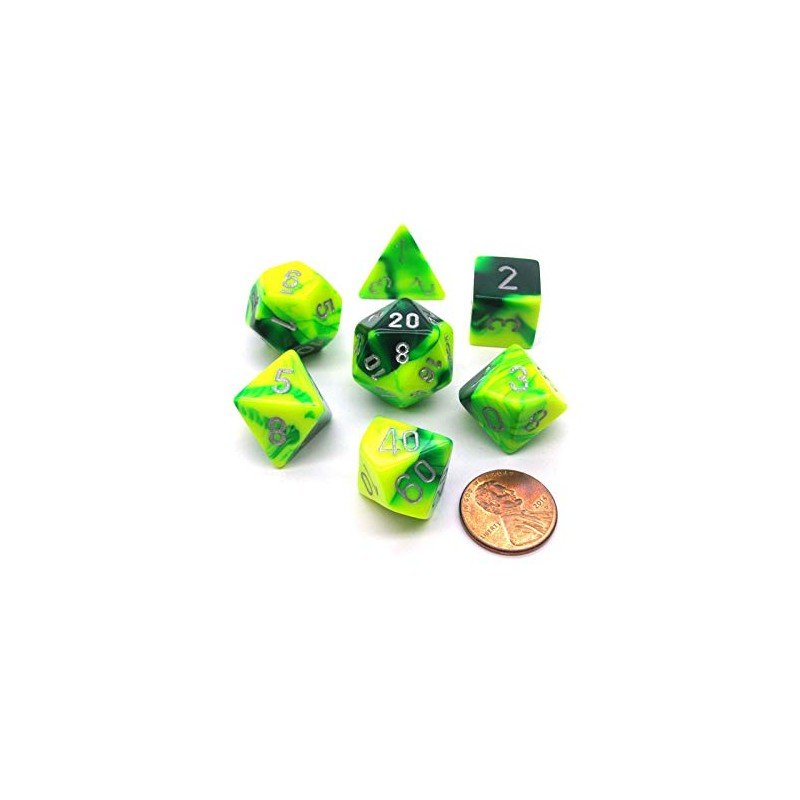 Polyhedral 7-Die Gemini Dice Set - Green-Yellow with Silver