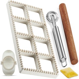Ravioli Maker Press Mold Set - 1.85" Squares Ravioli Stamp Maker Cutter with Wood Rolling Pin, 2.6" Empanada Maker Press Kit and Ravioli Wheel, Makes 8 Ravioli