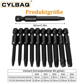 Pack of 10 Square Screwdriver Bits 60 mm, CYLBAQ Hex Shank Square Head Screwdriver Bits, SQ0, SQ1, SQ2, SQ3, SQ4 Magnetic Screwdriver S2 Steel 1/4 Inch Hex Shank Square Bits
