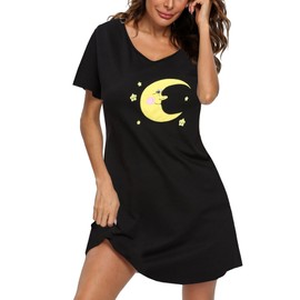 ENJOYNIGHT Womens Cotton Nightgown Short Sleeves Sleepshirt Print Nightshirt (A Black, X-Large)