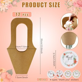 Ufurty 12 PCS Flower Bouquet Bags with Handle and THANK YOU Sticker, Kraft Paper Flowers Gift Bags Creative Cone Flower Sleeves Wrapping Paper Bags for Thanksgiving Valentine's Day Wedding (12)