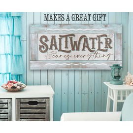 Saltwater Cures Everything - Cool Beach Accessories, Fishing and Camping Wall Art, Summer Boho Theme Decoration, Beach House Housewarming Gift, Wood Style Look 24x48 Extra Large Stretched Canvas Art