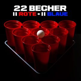 InnoNeeds, Party Cups Set, 22 Hard Plastic Cups (11 Red, 11 Blue, 3 Balls), Reusable and Dishwasher Safe, 16 oz / 473 ml, Reusable Cups