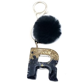 Xsclpomddy Women's Alphabet Letter Key Ring Cute Key Ring Glitter with Pom Pom Tassels Resin Keychain Black for Bag Charm, R