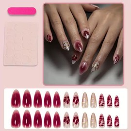 Almond Press on Nails Medium Fake Nails with Flower Design Glue on Nails Red Gradient False Nails Gold Line Artificial Nails Glossy Acrylic Full Cover Stick on Nails for Women Manicure 24 Pcs