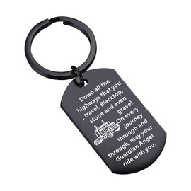 FUSTMW Truck Driver Gifts Keychain May Your Guardian Angel Ride with You Drive Safe Key Chain Long Distance Relationship Gift for Trucker Wife Couple Gifts for Him (trucker down Black)