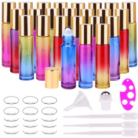 Inice 24 10ml THICK Glass Roller Bottles Roll on Bottle Big Stainless Ball Gradient Color for Essential Oils (3 Dropper, 1 Funnel, 1 Extra Roller Ball, 1 Bottle Opener, 1 Brush, 24 Labels)