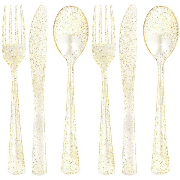 Lillian Collection Unique Glitter Gold Premium Plastic Cutlery Combo - Packs of 48 - Perfect for Upscale Events & Parties