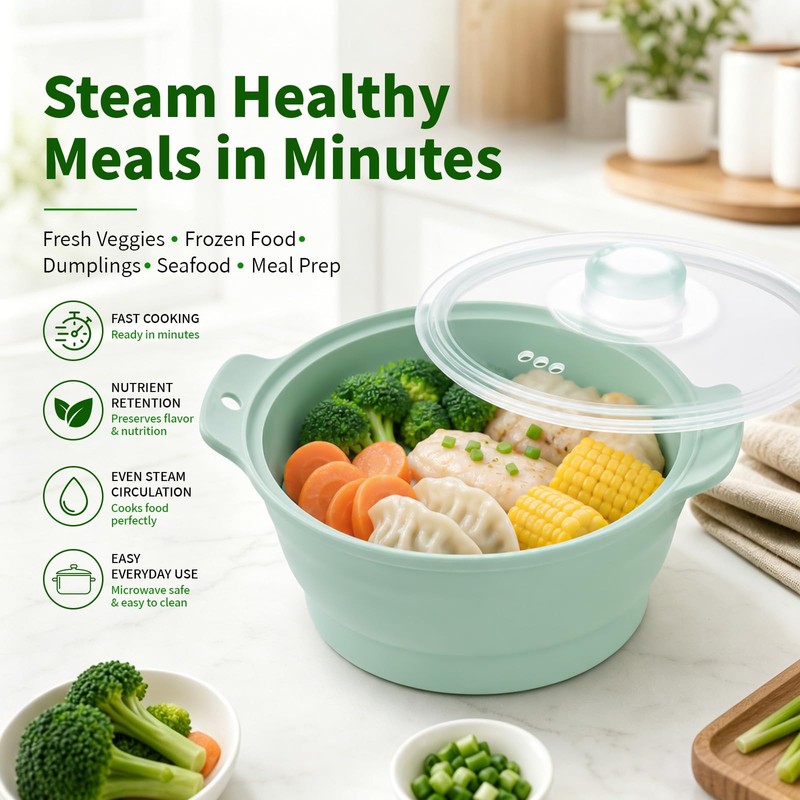 Collapsible Silicone Microwave Vegetable Steamer, 42oz Microwave Steamer with Lid