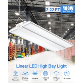 ADUB 2.2FT High Bay LED Light 400W 320W 240W Wattage Adjustable, 60000LM, UL&DLC Listed Linear LED High Bay Light 3000K 4000K 5000K, LED Shop Light Fixture, Commercial Warehouse Lighting, AC100-277V