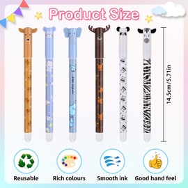 Gel Pens Erasable Blue Animal Cartoon Cute - Pack of 6 Erasable Gel Pens with Erasable Eraser, Erasable Pen for School, Ballpoint Pen Erasable Set Aesthetic for Office Supplies