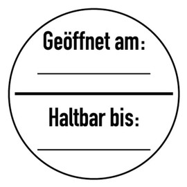 Pack of 100 – Test Badge Inscribable "Open am | Durable Until" Label Film Sticker, Black/W | Diameter 15-40 mm Made in Germany, Size: Diameter 15 mm