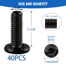 1/4-20 x 1-1/4" Flat Head Socket Head Crib Screws Furniture Bolts Countersunk Connector Screws, 1/4-20 Bolts,Carbon Steel, Black Oxide, Fully Threaded, 40 PCS(with Hex Spanner)