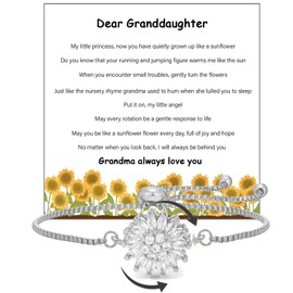 To My Granddaughter-Sunflower Mood Bracelet, Adjustable Rhinestone Sparkly Spinning Flowers Anxiety Wrist Bracelets Sunflowers Statement Worry Relieving Gift Jewelry (Granddaughter - Flower - Silver)