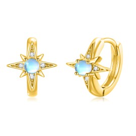 Star Earrings for Women 925 Sterling Silver Gold Star Moonstone Hoop Earrings Small Hoop Earrings Moonstone Jewelry Gifts for Women, 13*13, Sterling Silver, Moonstone