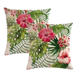 7COLORROOM 2pack Flower Throw Pillow Covers Tropical Leaves Home Decorative Cushion Covers Spring Farmhouse Decor Pillowcases for Patio Sofa Couch 18”×18”