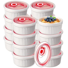 LOYIM 12 Pack 8 oz Ramekins with Lids Oven Safe Porcelain Creme Brulee Ramekins with Covers White Pudding Custard Cups Stackable Ramekins Ceramic Bowls for Baking Dishwasher Ice Cream Serving Dip