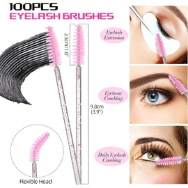 Paquete de 100 varitas desechables para pestañas, aplicador de brochas de maquillaje multicolor con mango de cristal para extensiones de pestañas (100 unidades), color rosa