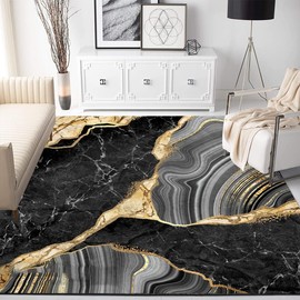 Black Grey Gold Marble Texture Modern Abstract Aesthetic Area Rug 5x7 Minimalist Art Decor Rug for Livingroom Bedroom Diningroom Indoor Kitchen Hallway Carpet