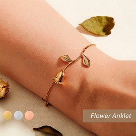 Wendalern Boho Rose Flower Ankle Bracelet Gold Sideway Birth Flower Anklet Summer Beach Geometric Floral Ankle Chain Foot Jewellery for Women and Girls, Metal