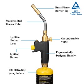 High Intensity Propane Torch Head, Trigger Start Mapp/Map Gas Torch with Self Ignition & Brass Knob, Pencil Flame Welding Torch Fuel by MAPP, MAP/PRO and Propane gas（CSA Certified )